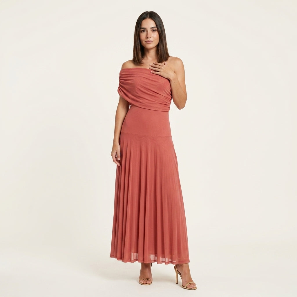 Vestido Largo Plisado Asimétrico